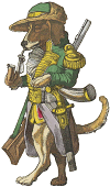 comical depiction of a hunting dog smoking a pipe and carrying a rifle