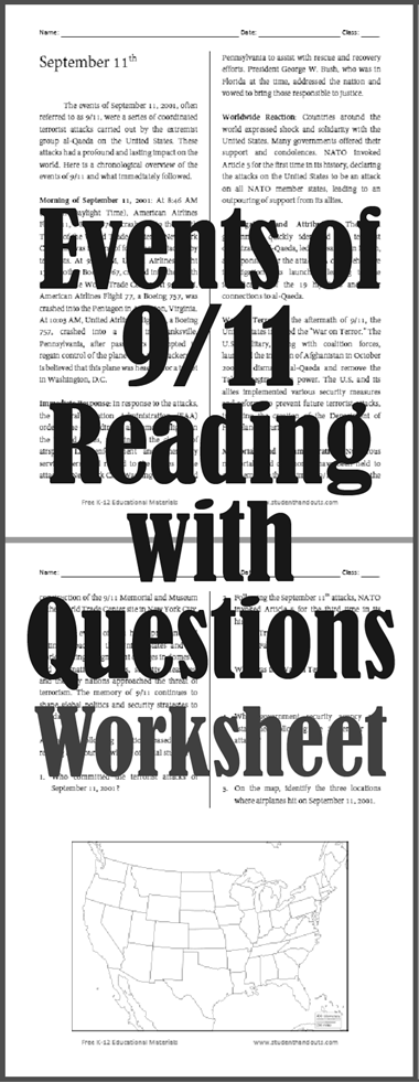 Events of 9/11 Reading with Questions - Free to print (PDF file). Includes map work.