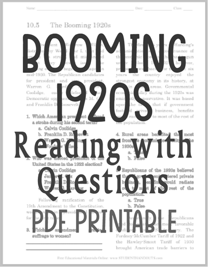 The Booming 1920s - Free printable reading with questions (PDF file) for United States History classes.