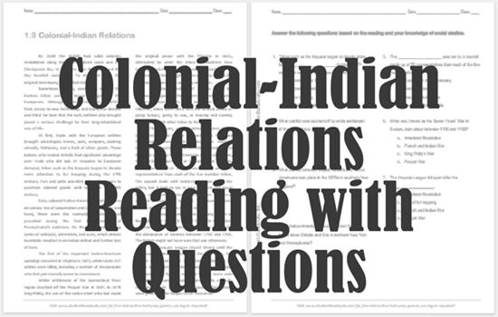"Colonial-Indian Relations" Reading with Questions for High School United States History Students