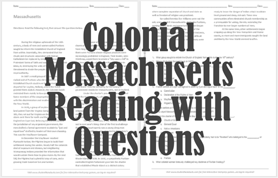 "Colonial Massachusetts" Reading with Questions for High School United States History Students