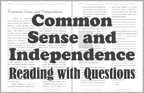 Common Sense and Independence - Free printable reading with questions for U.S. History.