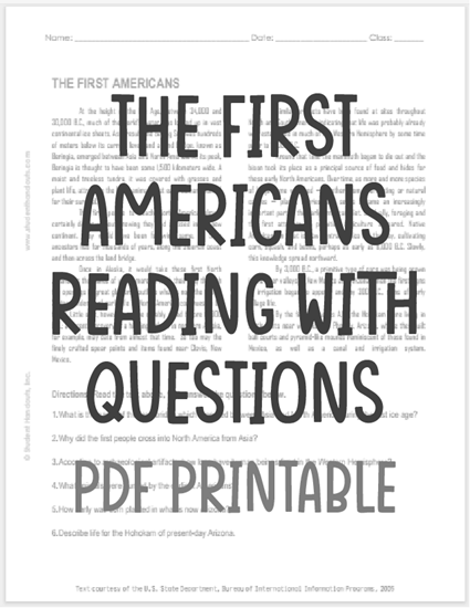 "The First Americans" Reading with Questions for High School United States History Students - Free to print (PDF file).