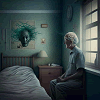 Surreal old man in a room
