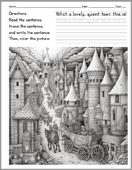Read the sentence, Medieval town coloring page - Read the sentence, trace the sentence, and write the sentence. Then, color the picture.