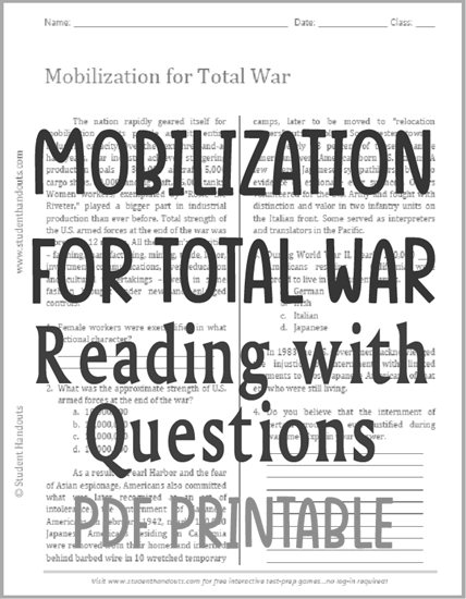Mobilization for Total War - Free printable reading with questions for high school U.S. History classes.
