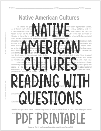 "Native American Cultures" Reading with Questions for High School United States History Students