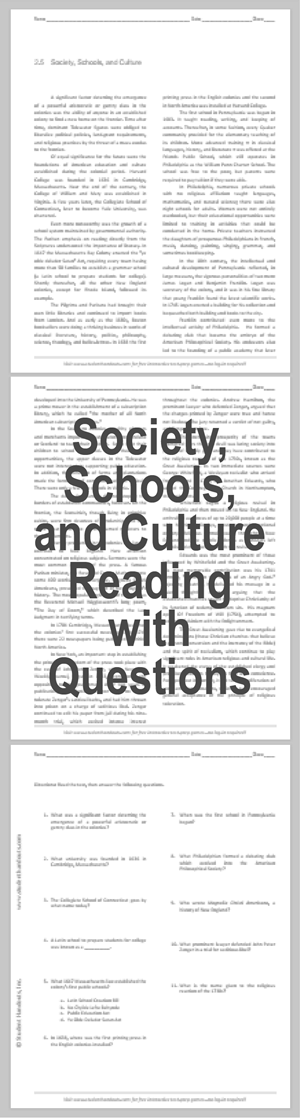 Society, Schools, and Culture - Reading with questions for United States History students. Free to print (PDF file).