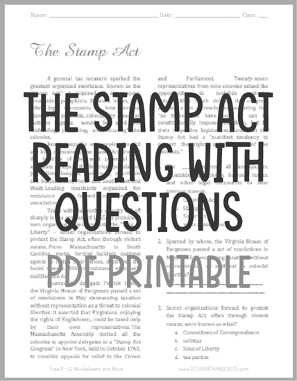 The Stamp Act - Free printable reading with questions for United States History students.