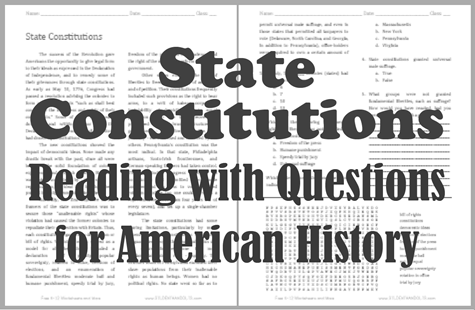 "State Constitutions" Reading with Questions for High School United States History Students