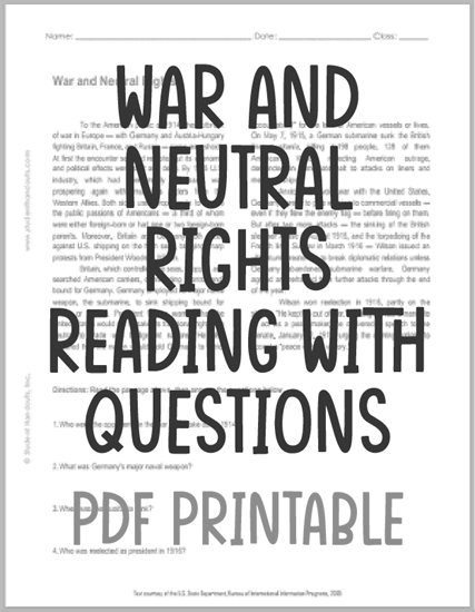 War and Neutral Rights - Reading with questions is free to print (PDF file) for high school American History classes.