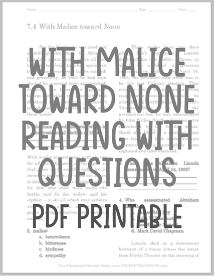 With Malice Toward None - Free printable reading with questions (PDF file) for high school United States History classes.