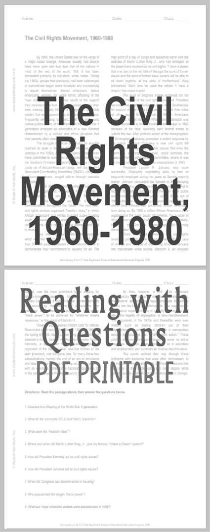 The Civil Rights Movement, 1960-1980 - Free printable reading with questions for high school United States History students (PDF file).