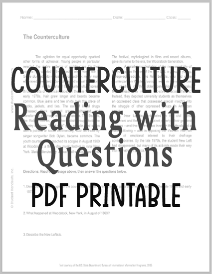The Counterculture - Free printable reading worksheet with questions (PDF file) for high school United States History education.