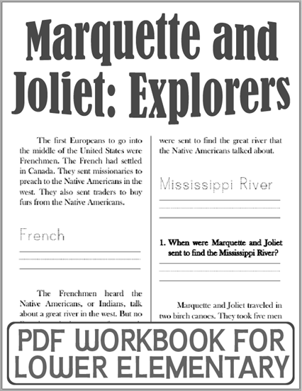 Marquette and Joliet: Explorers - Free printable workbook for lower elementary.