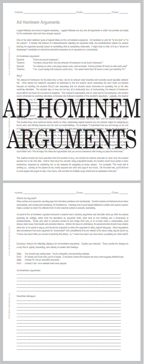 Ad Hominem Arguments Worksheet - Free to print (PDF file).