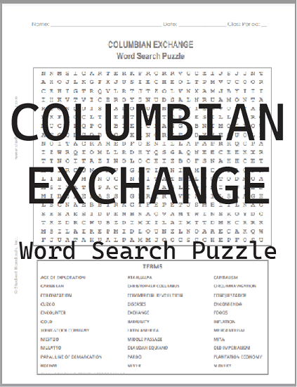 Columbian Exchange Word Search Puzzle - Free to print (PDF file) for high school World History students.