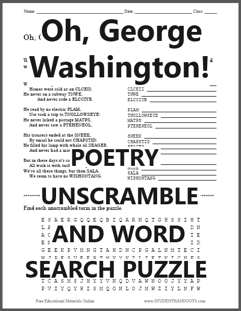 Oh, George Washington! Poetry Scrambled Word Worksheet - Free to print (PDF file). This unscramble poem is designed for upper elementary students.