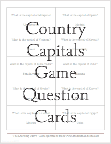 Country Capitals Game Question Cards - Free to print, including game board with instructions (PDF files).