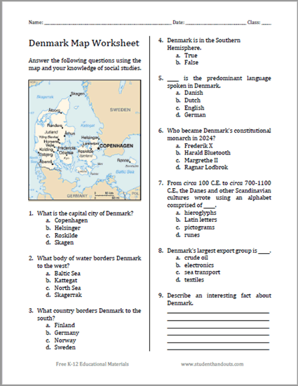 Denmark Map Worksheet - Free to print (PDF file). For World Geography classes.
