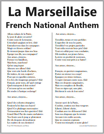 Aux armes, citoyens, formez vos bataillons, marchons, marchons! Qu'un sang impur abreuve nos sillons! La Marseillaise - French National Anthem - Lyrics in French and English - Free to print (PDF file).