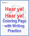 Hear ye, hear ye! Colonial Coloring Page for Kids with Handwriting Practice Hear ye, hear ye! Colonial Coloring Page for Kids with Handwriting Practice