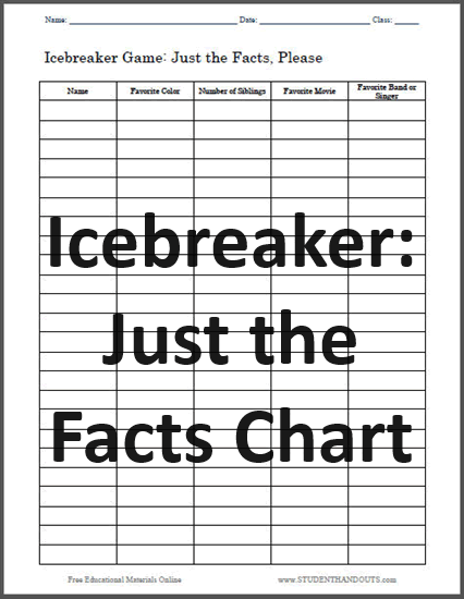 Icebreaker activity - survey chart printable sheet for classroom students. Free to print (PDF file).
