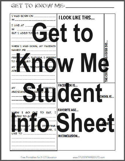 Get to Know Me Student Info Sheet - Free to print (PDF file). Students fill out this fun form themselves.