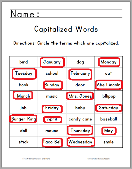 Circle the Capitalized Terms Worksheet Answer Key