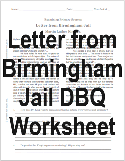 MLK's Letter from Birmingham Jail - DBQ worksheet is free to print (PDF file). For high school United States History students.