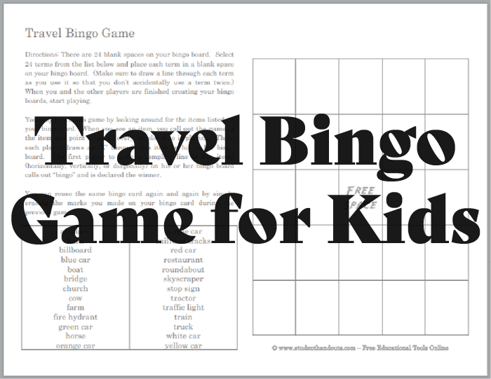 Travel Bingo Game for Kids - Great fun for the car! Free to print (PDF file).