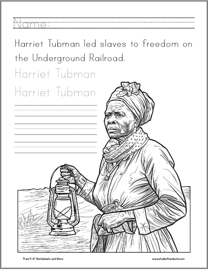 Harriet Tubman Coloring Page with Writing Practice - Free to print (PDF file). For kindergarten and first grade students.