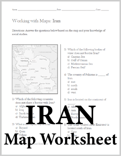 Iran Map Worksheet - Free to print (PDF file). Designed for students in grades four and up studying World Geography.
