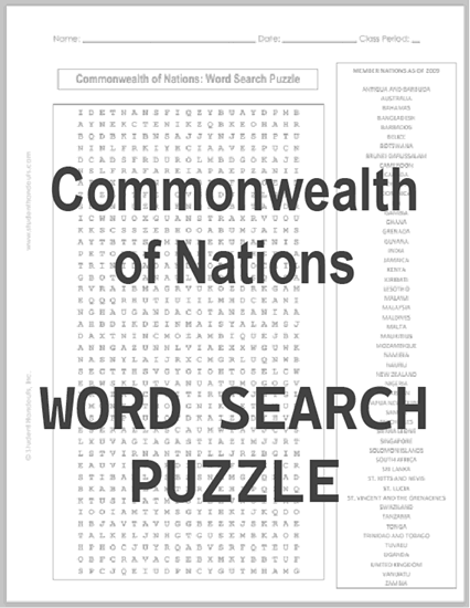 Commonwealth of Nations Word Search Puzzle - Free to print (PDF file) for grades 7-12.