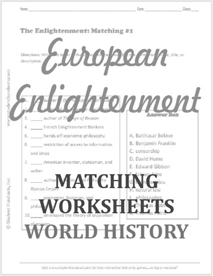 Enlightenment Matching Worksheets - Five free printable worksheets, each with ten terms and names to match to descriptions and definitions.