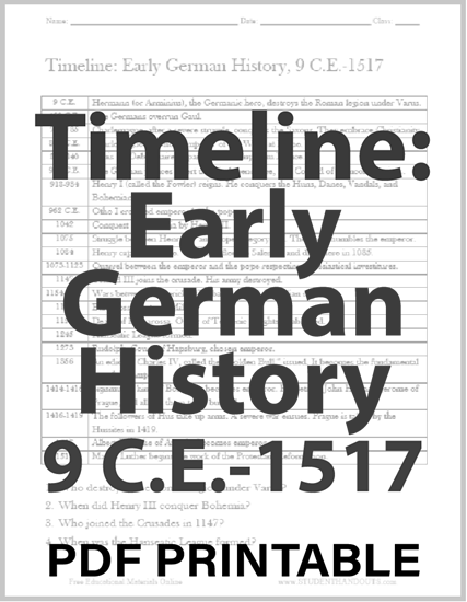 Timeline: Early German History, 9 C.E.-1517 - Worksheet is free to print (PDF file) for high school World History or European History students.