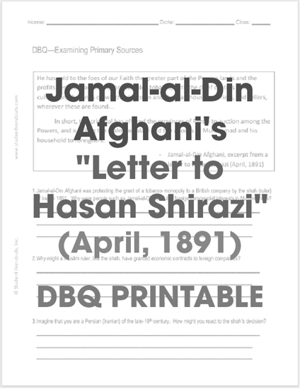 Free Printable DBQ Worksheet - Jamal-al-Din Afghani's "Letter to Hasan Shirazi" (April, 1891) - PDF File