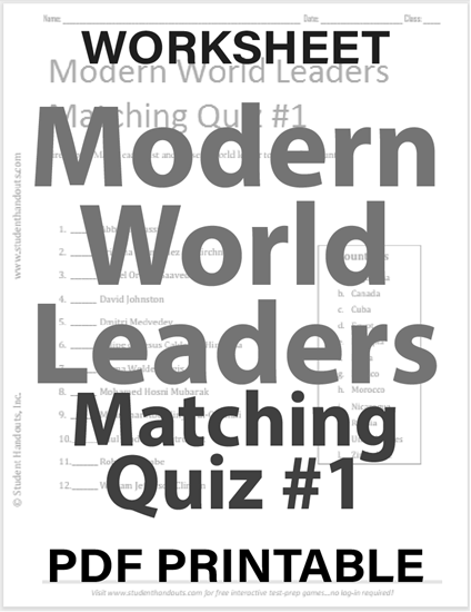 Modern World Leaders Matching Quiz #1 - Free to print (PDF file).
