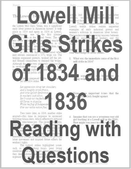 Lowell Mill Girls Strikes Reading with Questions - Free to print (PDF file) for high school United States History teachers and students.