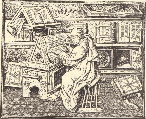 Medieval Monk Copying a Manuscript in a Monastery Library