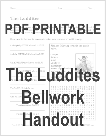 The Luddites Bellwork Handout - Free to print (PDF file) for high school World History students.