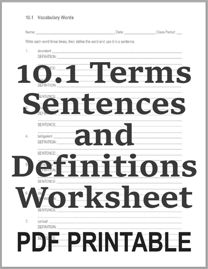 10.1 Terms Sentences and Definitions Worksheet - Free to print (PDF file).