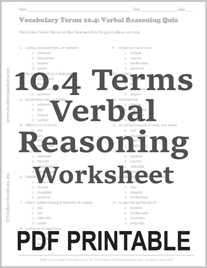 Terms 10.4 Verbal Reasoning Quiz - Vocabulary worksheet is free to print (PDF file).