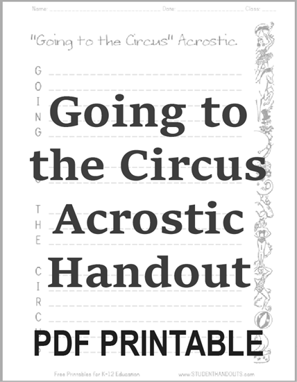 "Going to the Circus" Acrostic Poem Writing Worksheet - Free to print (PDF file).