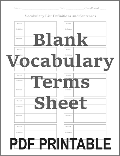 Blank Vocabulary Terms Definitions and Sentences Worksheet - Free to print (PDF file).