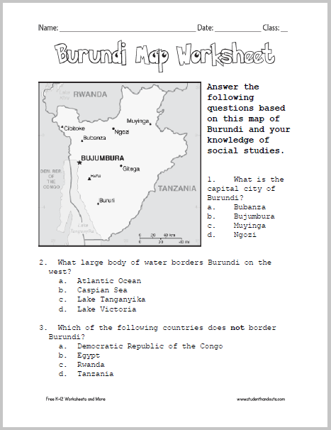 Burundi Map Worksheet - Free to print (PDF file) for upper elementary students.