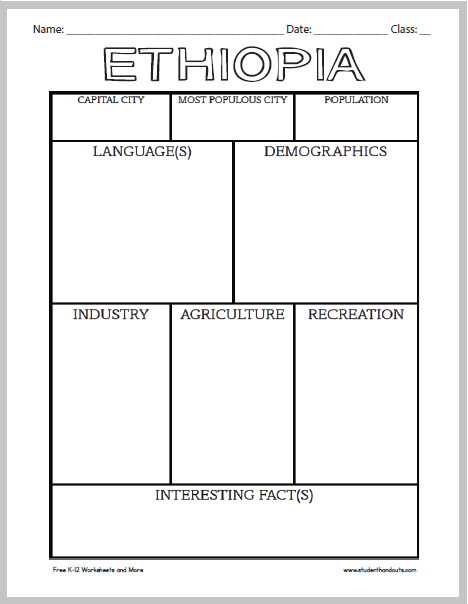 Ethiopia Notebooking Worksheet - Free to print (PDF). Students research the country of Ethiopia.
