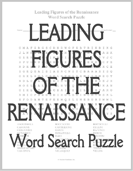 Leading Figures of the Renaissance Word Search Puzzle - Free to print (PDF file).