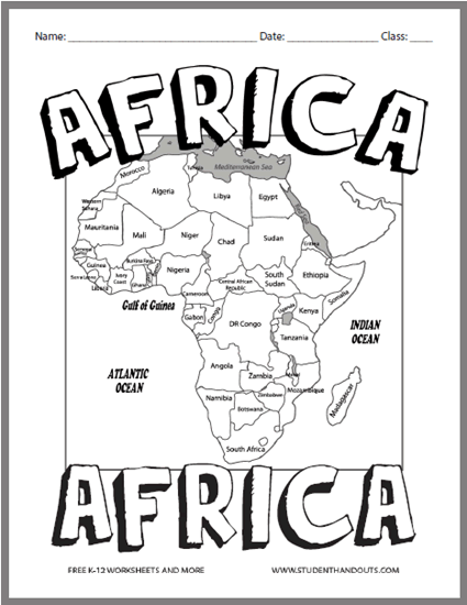 Africa Map Coloring Page - Free to print (PDF file). Designed for elementary school students.