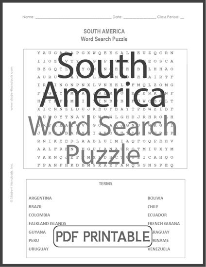 South America Word Search Puzzle - Worksheet is free to print (PDF file).